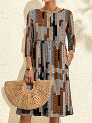  Geometric & Floral Print Half Sleeve Dress