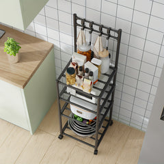 4 Layer Kitchen Storage Rack With Pulleys & Hooks Standing Rack