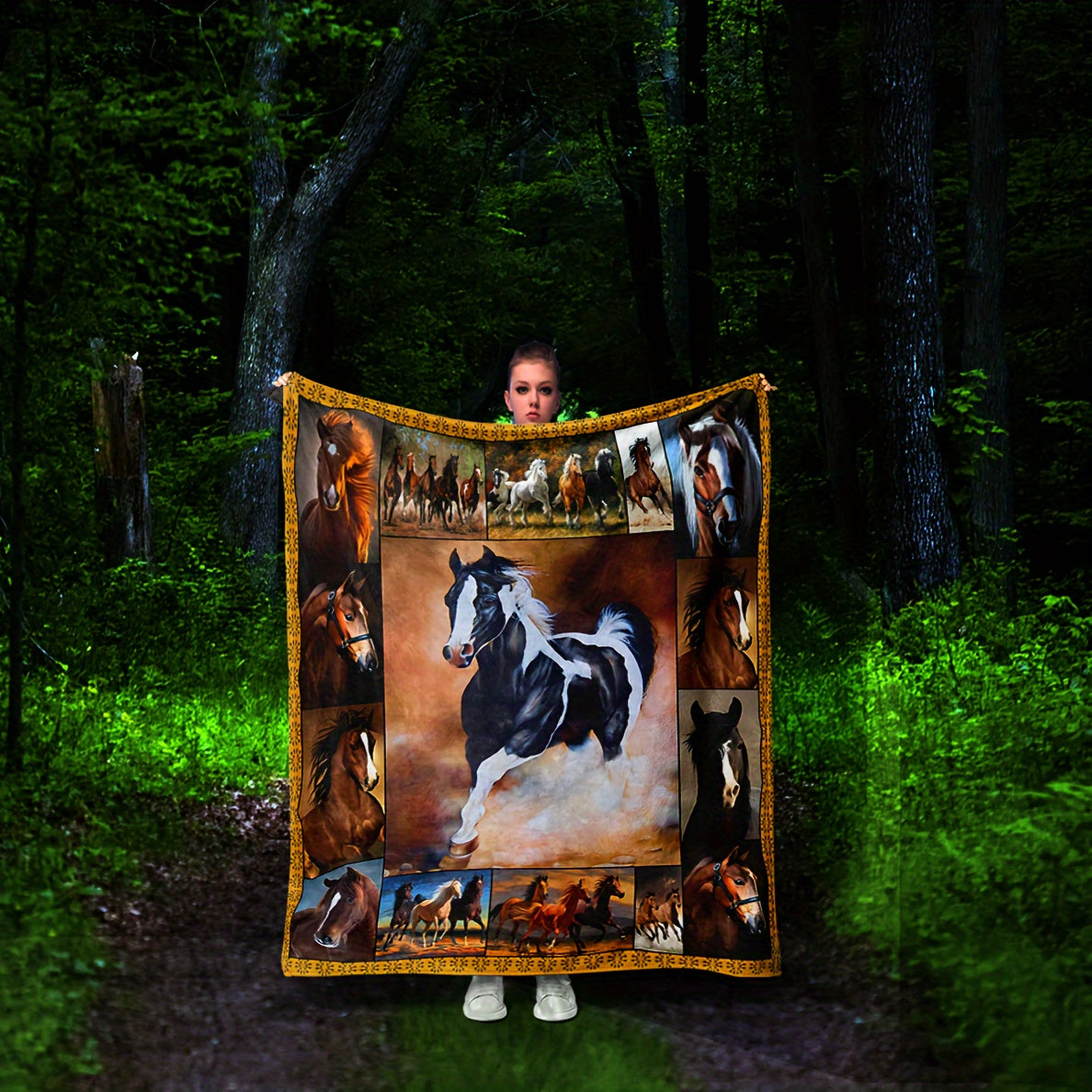 Running Horse Print Flannel Blanket Double sided Fleece Soft For Sofa Bed
