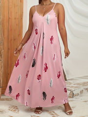  Feather Print V Neck Stretch Maxi Dress