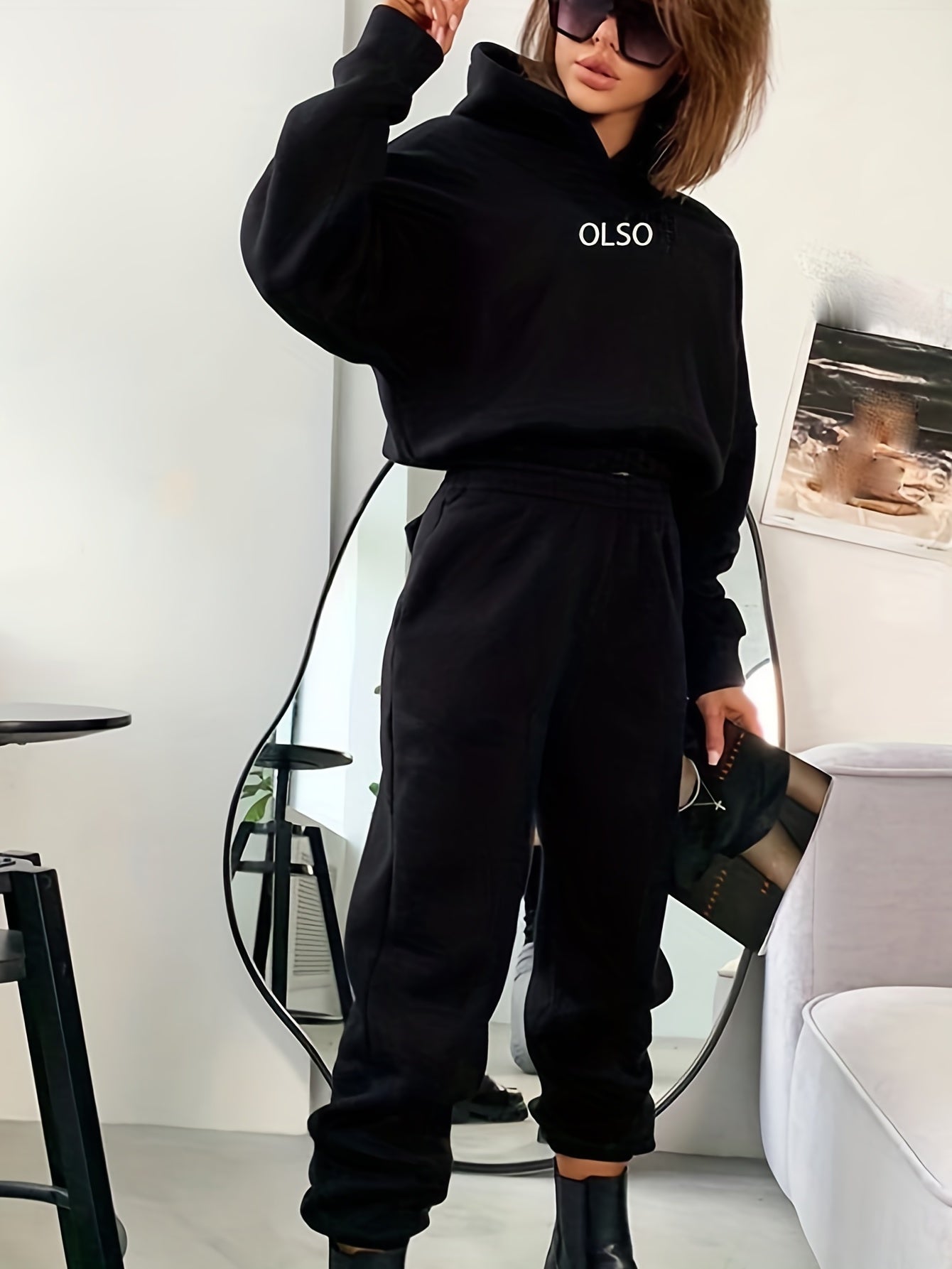 Letter Print Hooded Sweatshirt & Sweatpants Set
