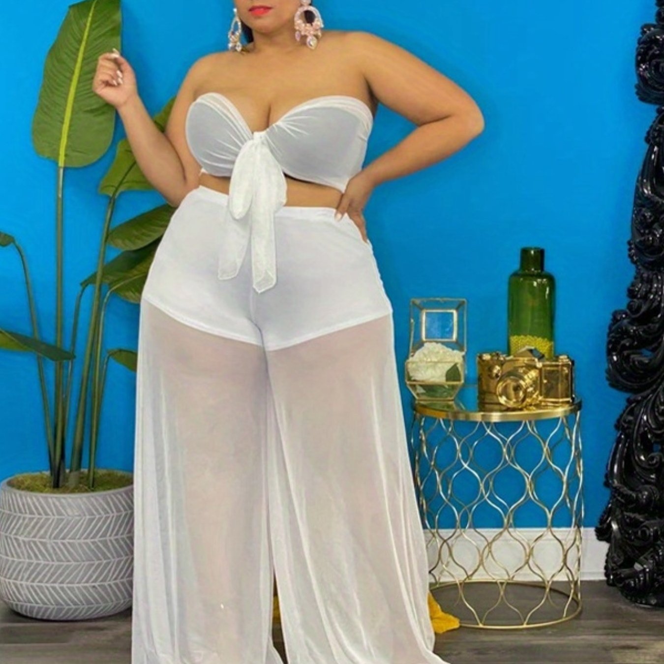 Sexy Outfit: Solid Knot Tube Top & Wide Leg Pants Two Piece Set