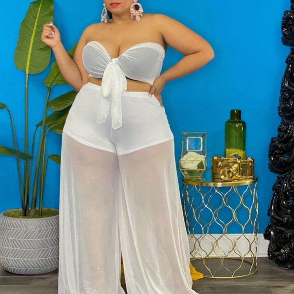  Sexy Outfit: Solid Knot Tube Top & Wide Leg Pants Two Piece Set