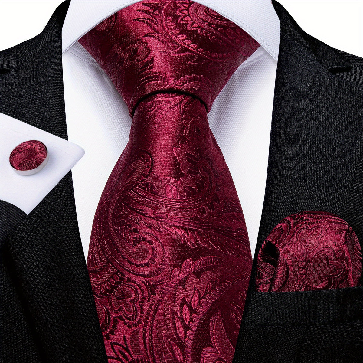DiBanGu Men's Wine Red Paisley Tie Set for Wedding