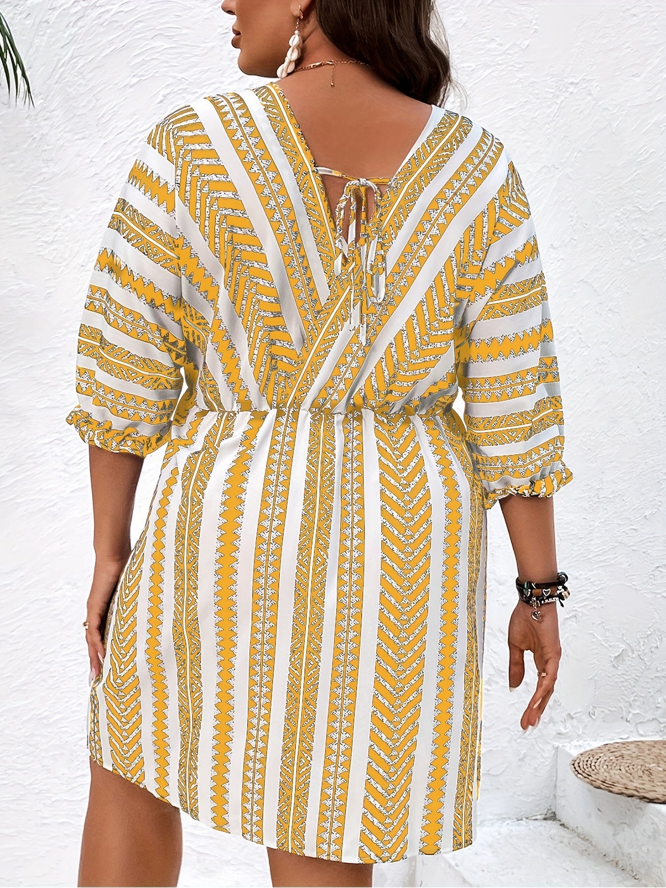 Women's Geometric Print Surplice Neck V Neck Dress Plus Size Boho Dress