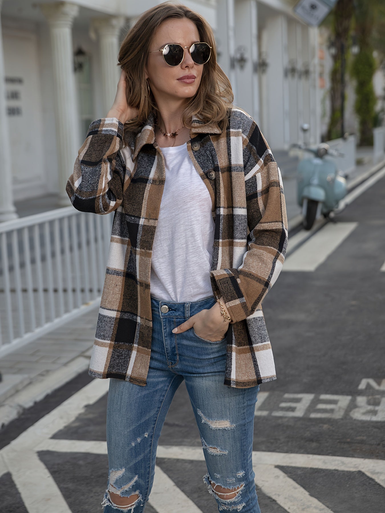  Plaid Print Long Sleeve Button Up Collar Shirt