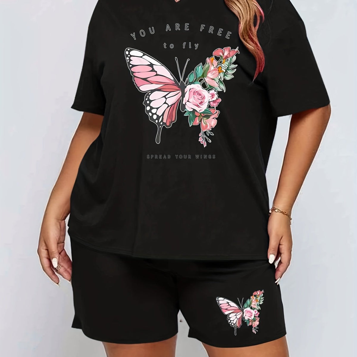  Butterfly Print Short Sleeve Tee & Shorts Pajama Set