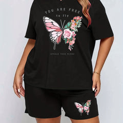  Butterfly Print Short Sleeve Tee & Shorts Pajama Set