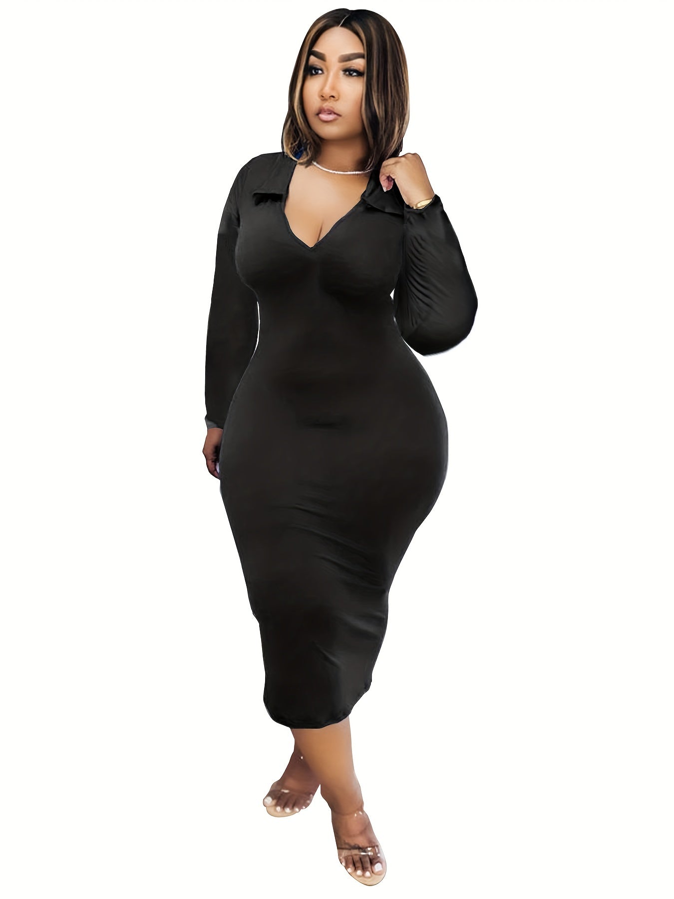 Solid Long Sleeve V Neck Slim Fit Dress