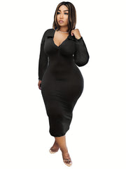  Solid Long Sleeve V Neck Slim Fit Dress