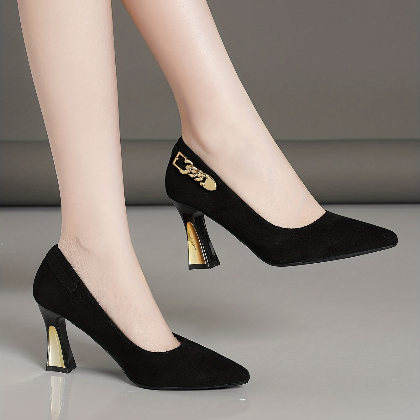 Metal Chain Chunky Heel Pumps Pointed Toe Wedding Shoes