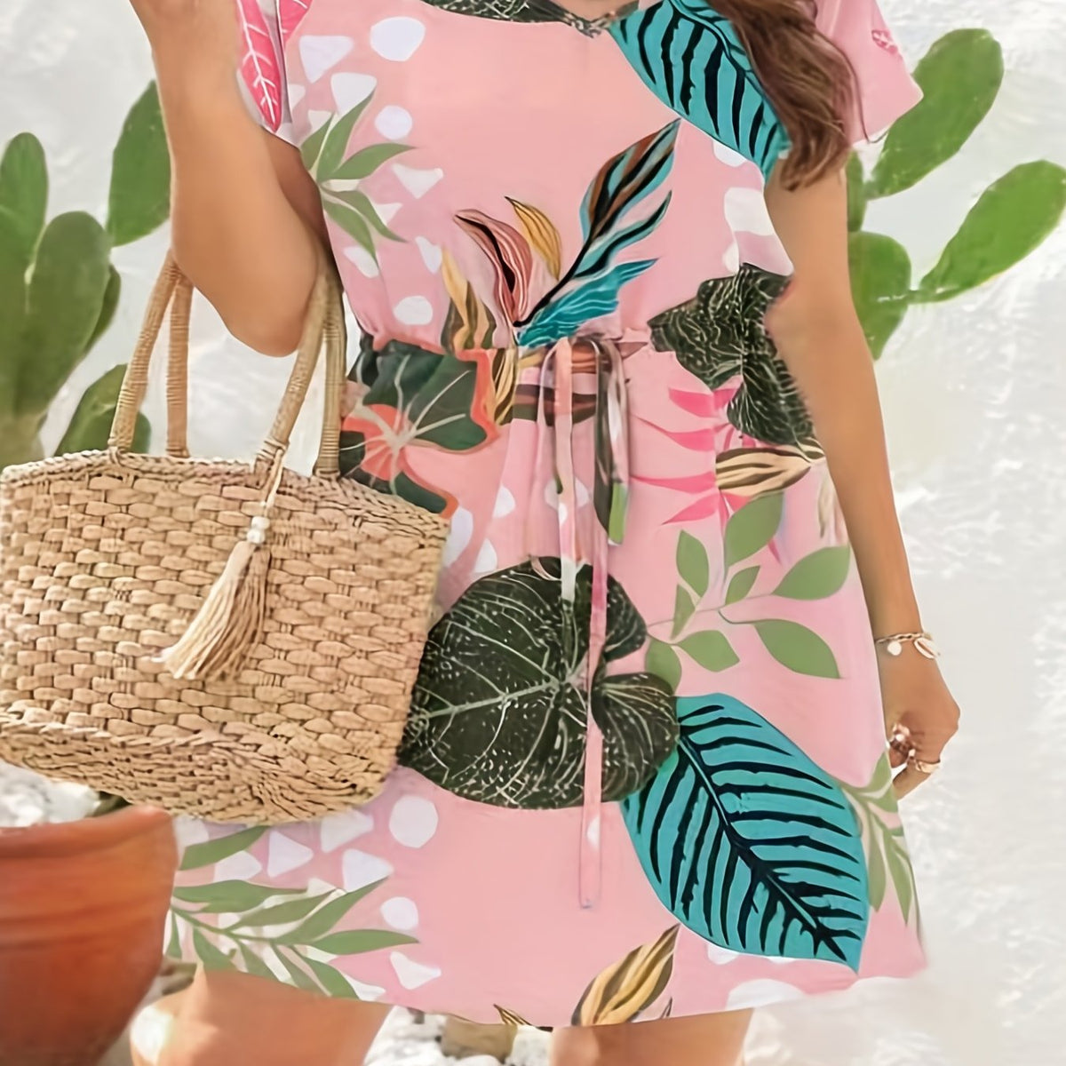  Leaf Print Short Sleeve V Neck Drawstring Nipped Waist Ruched Dress