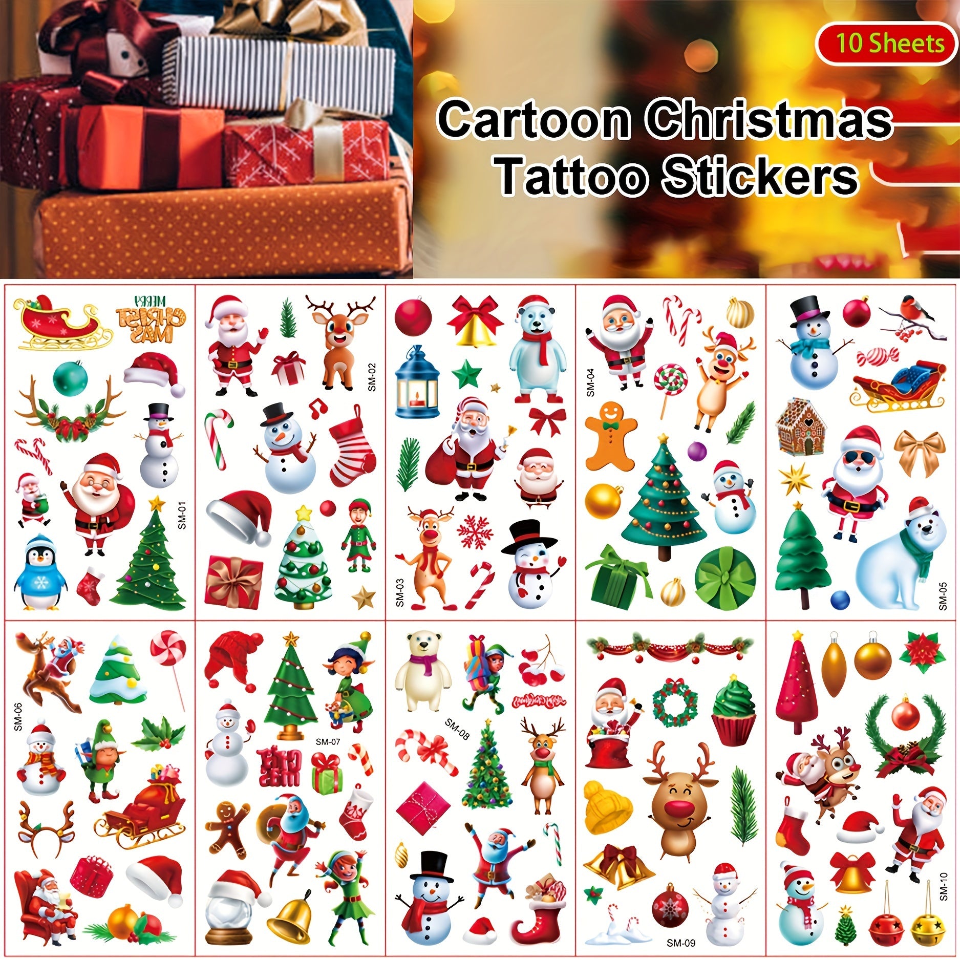 10 Sheets Santa Claus Christmas Temporary Tattoos Stocking Stuffers