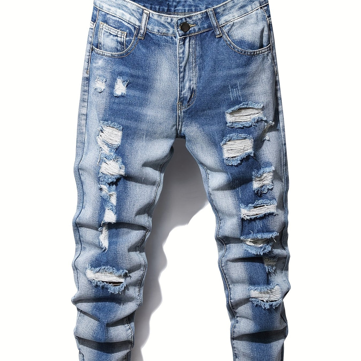 Men's Ripped Straight Leg Jeans Slim Fit Denim Pants