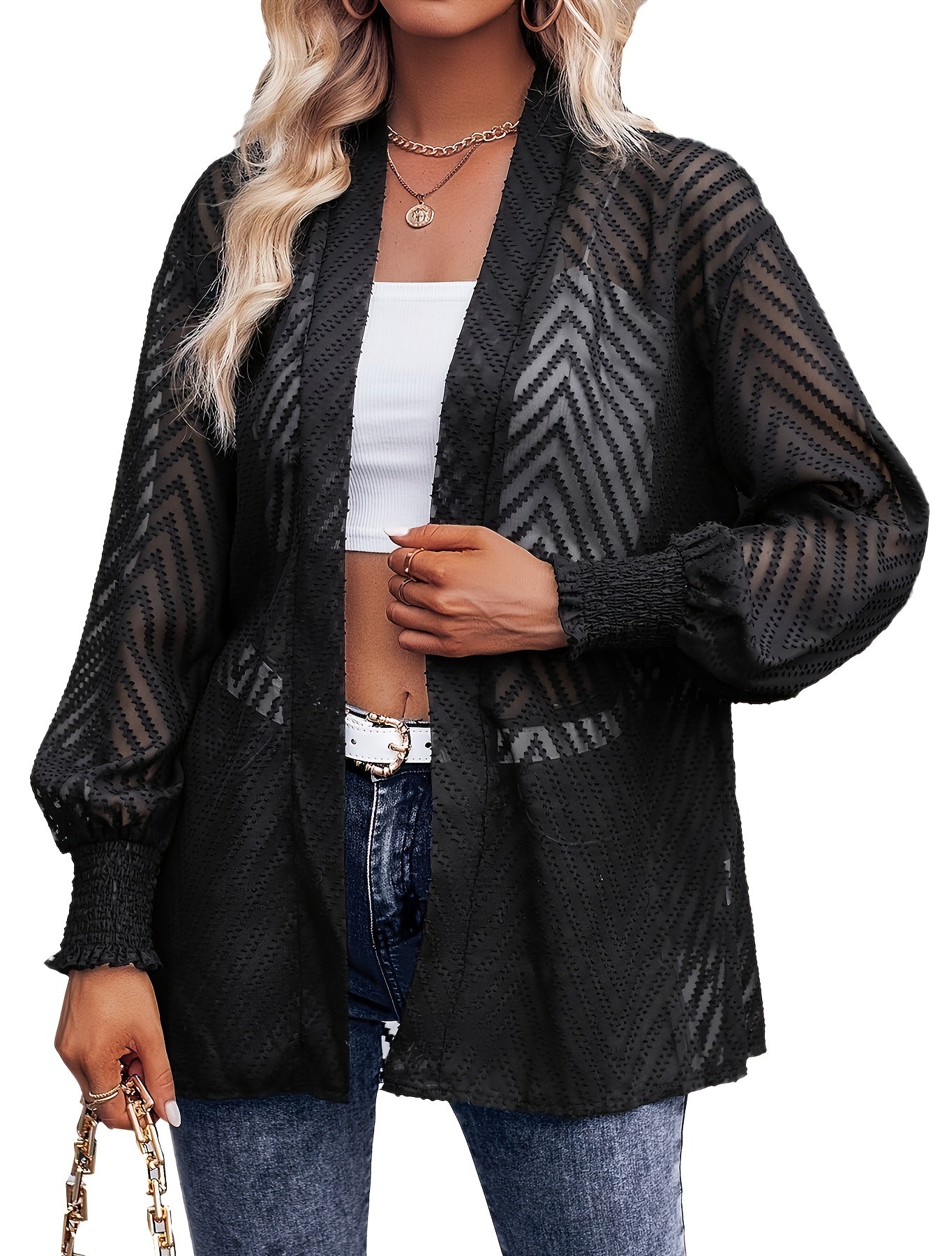  Chevron Print Long Sleeve Open Front Mesh Cardigan
