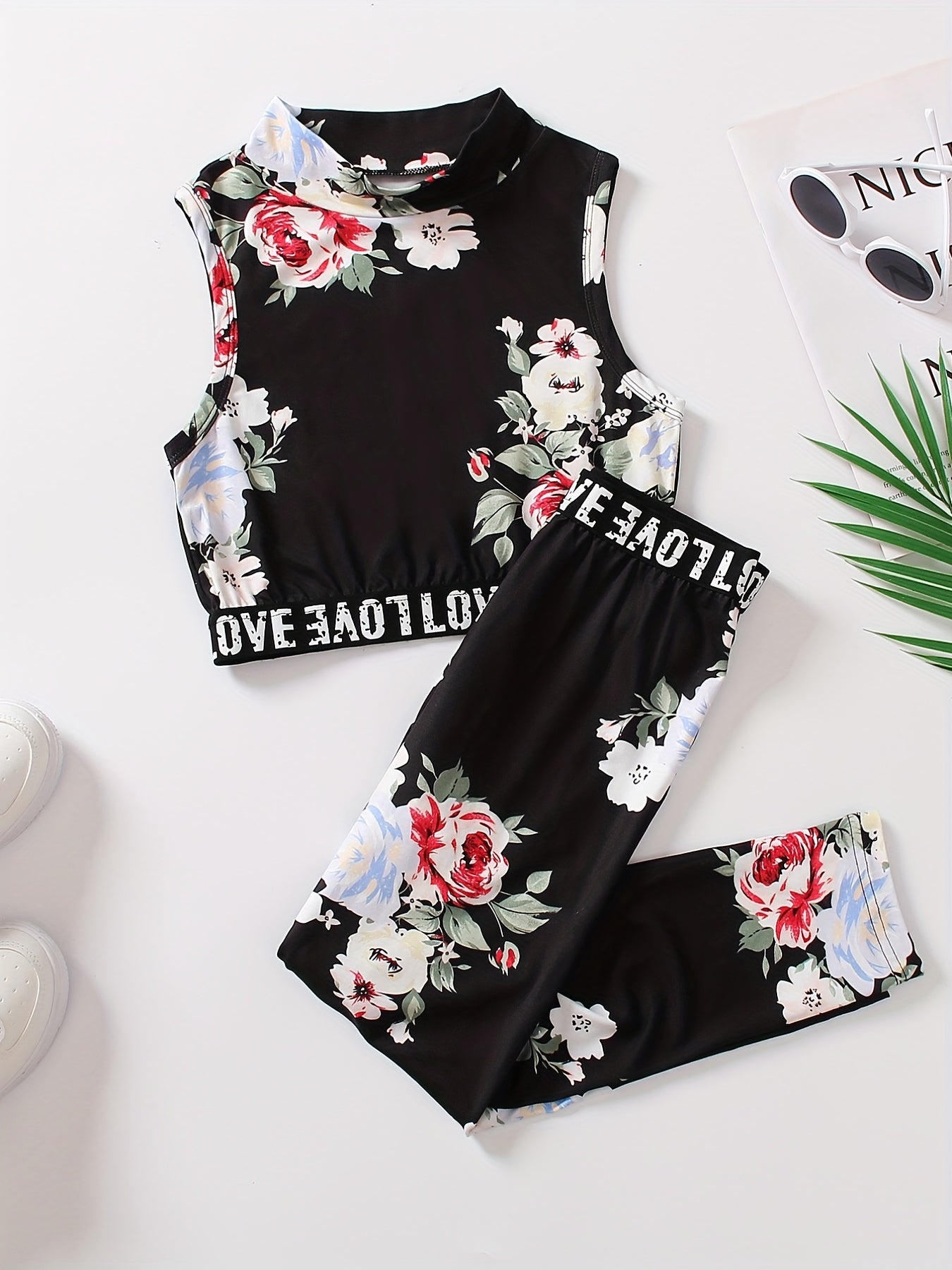 Girl's Boho Tropical Print Tank Top & Pants Set