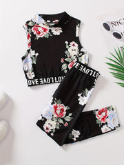 Girl's Boho Tropical Print Tank Top & Pants Set