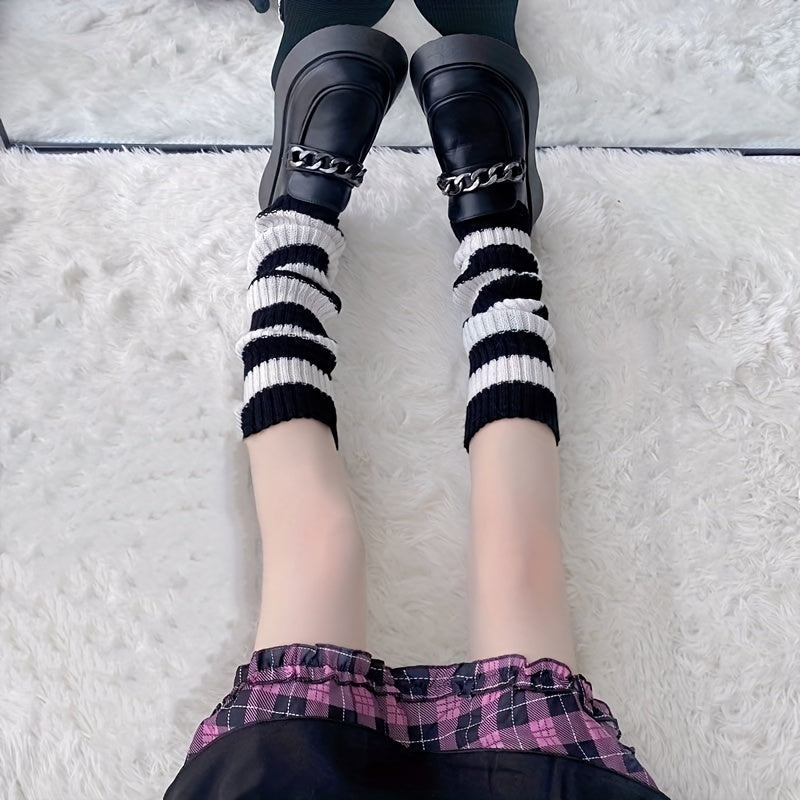 Striped Leg Warmers Gothic Punk Style Rib Knit Knee High Leg Warmers