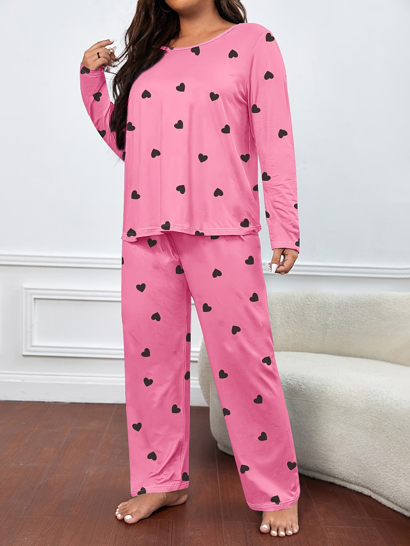  Heart Print Long Sleeve Tee & Pants Lounge 2 Piece Set
