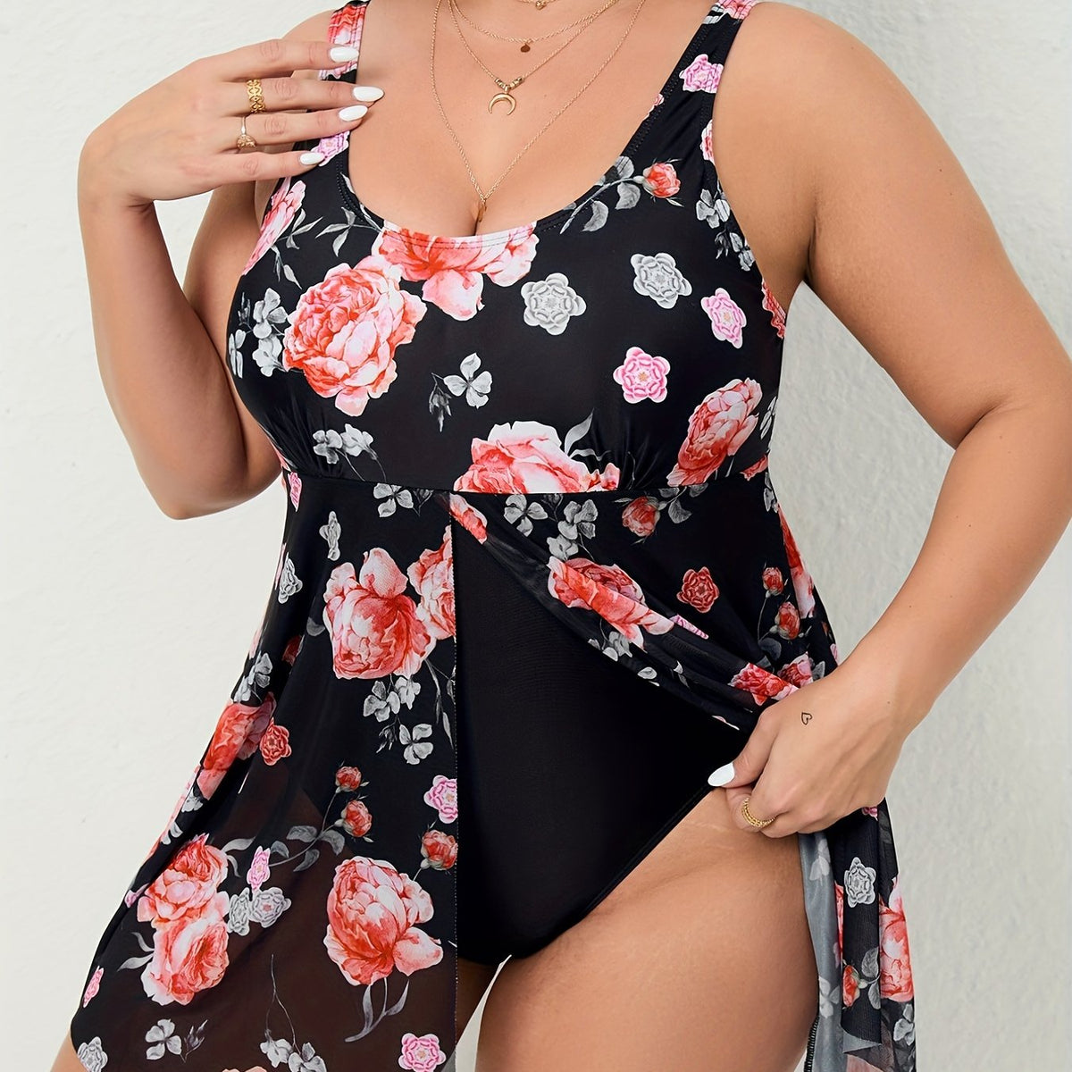  Vacay Swimsuit Women's Plus Colorblock Floral Print One Piece Swimsuit