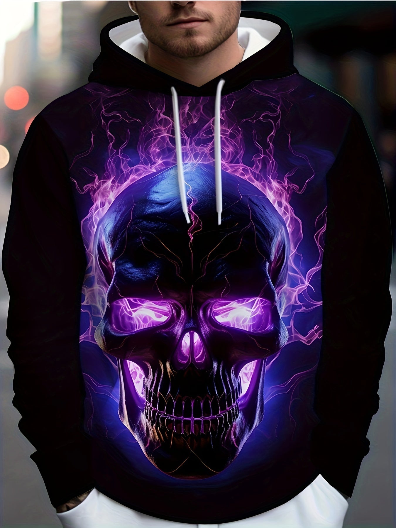 Purple Skull 3D Print Hoodie Men Graphic Pullover Comfy Loose Hooded Autumn