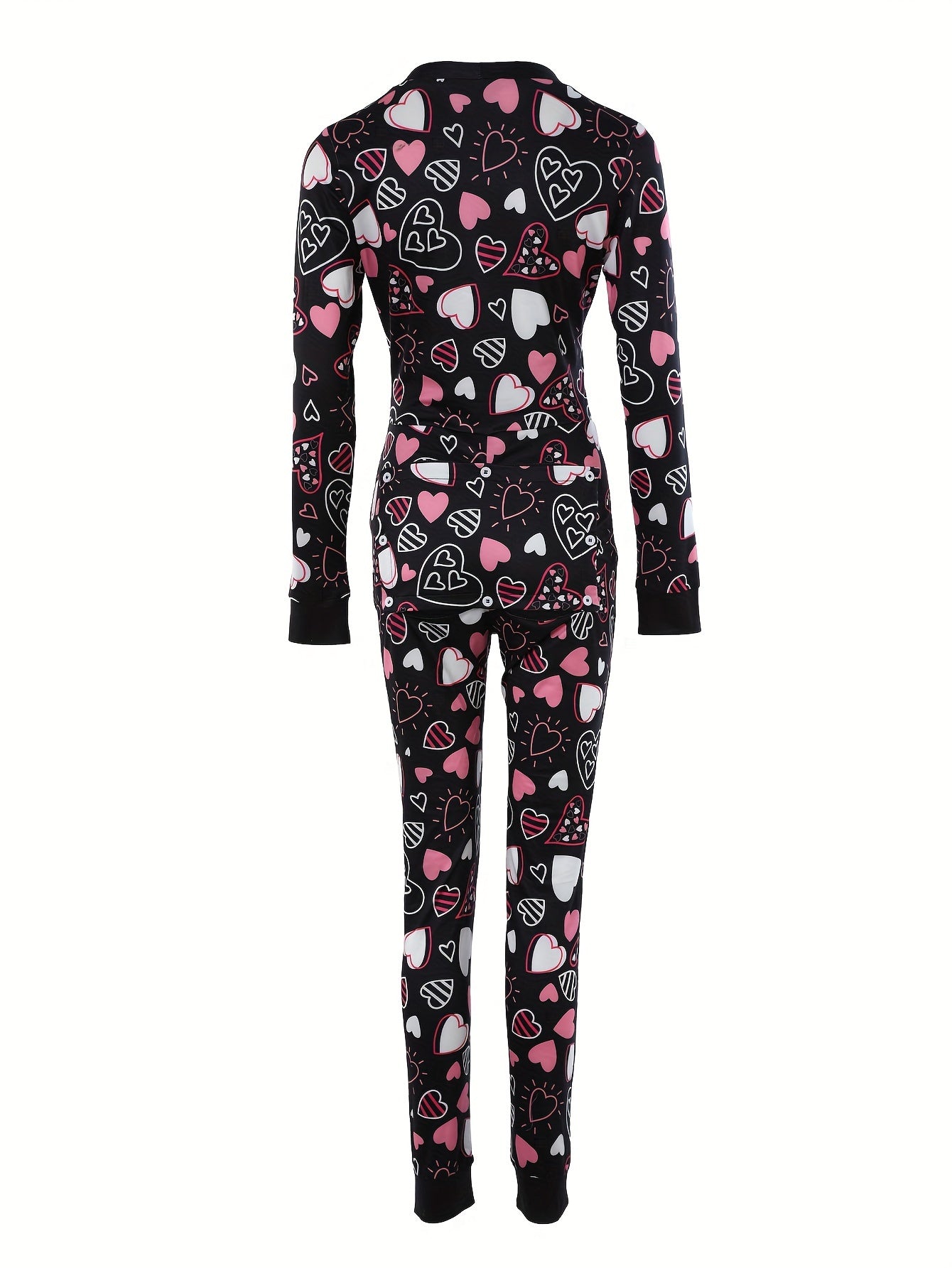 Heart Print Pajama Jumpsuit Long Sleeve V Neck Pajamas