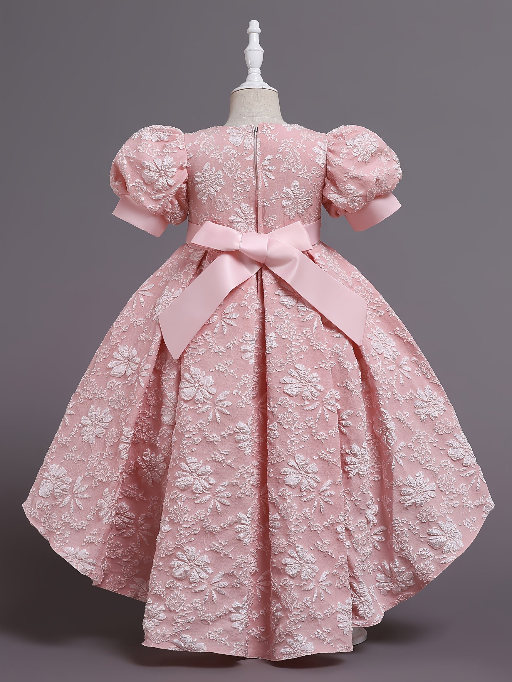 Girls' Formal Flower Jacquard Bubble Sleeve Trailing Evening Dress