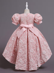 Girls' Formal Flower Jacquard Bubble Sleeve Trailing Evening Dress