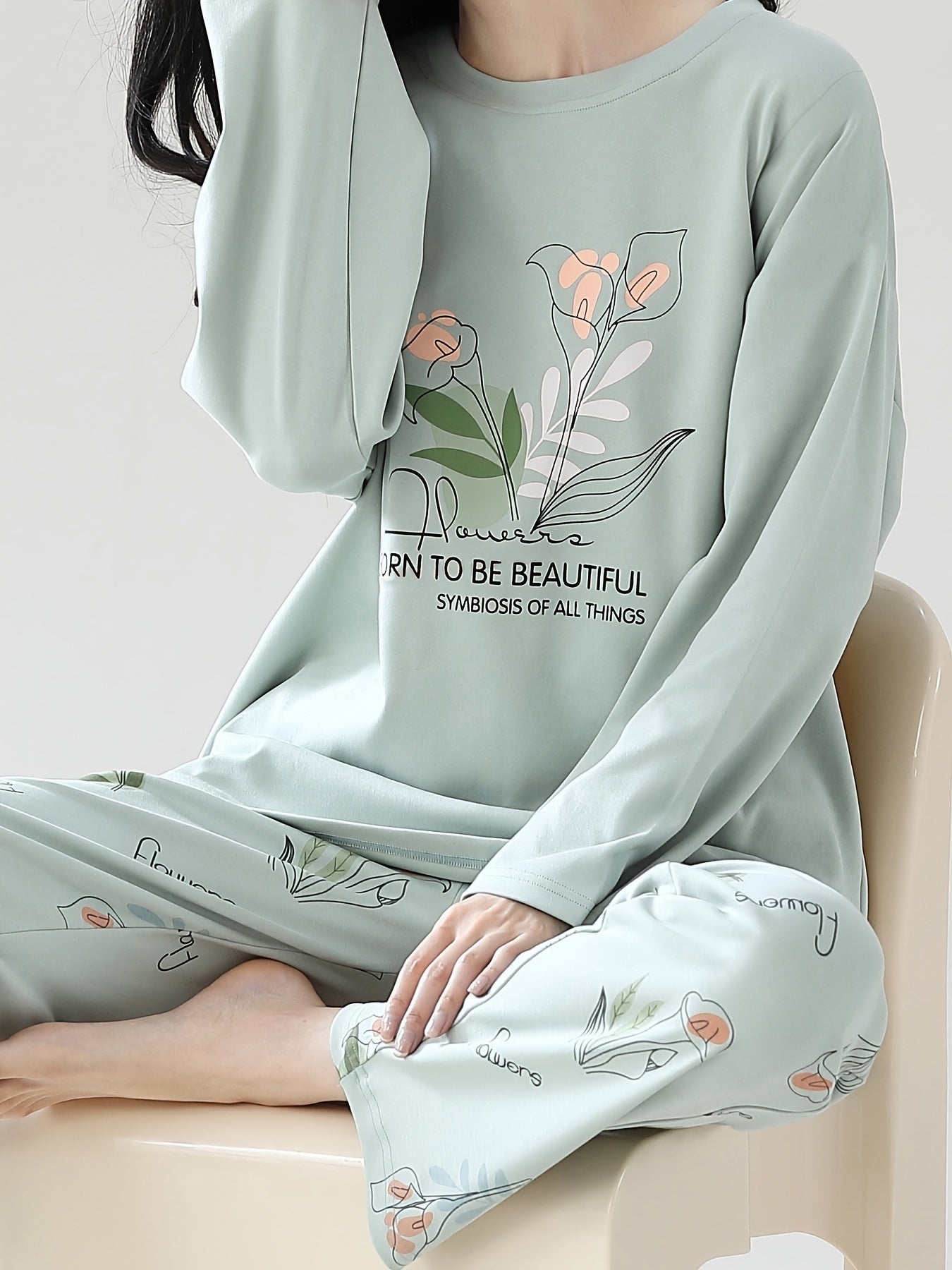 Floral Pajama Set Long Sleeve Top & Pants Women's Sleepwear