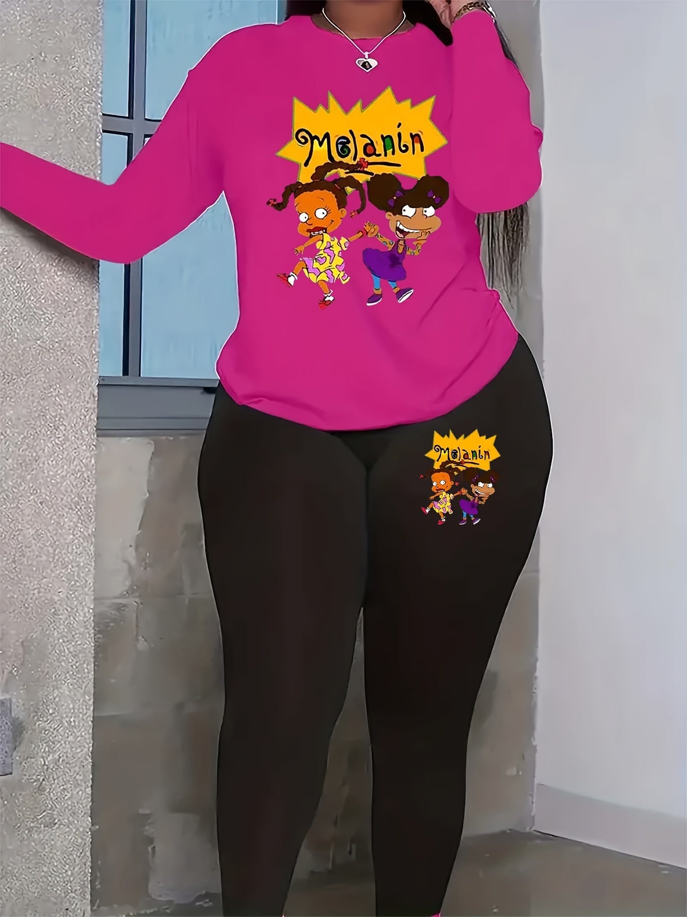  Women's Casual 2 Piece Set Letter & Cartoon Print Top & Leggings
