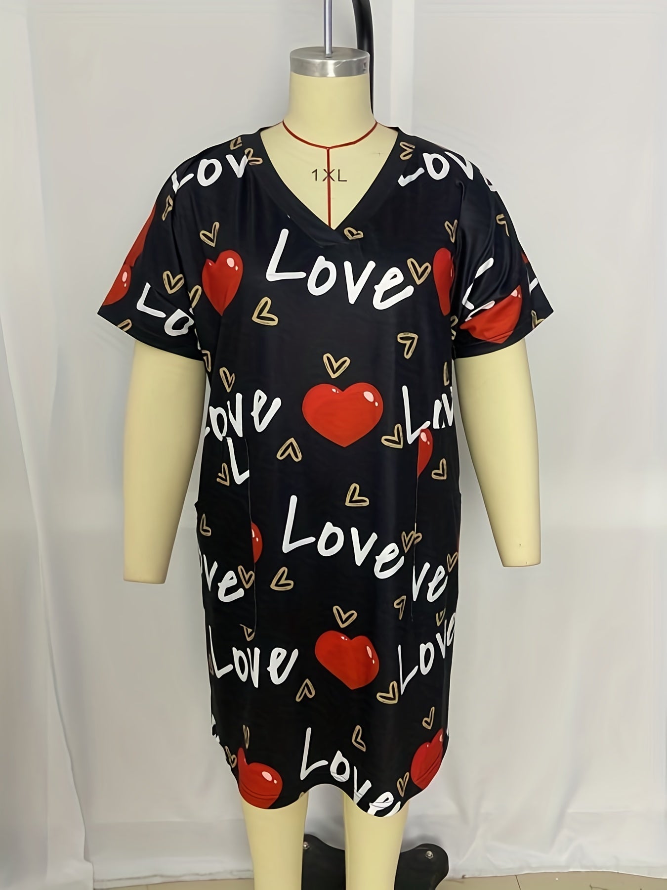  Denim Print V-Neck Midi Dress with Pockets