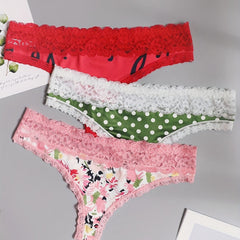 3 Pack Plus Size Thongs Set Women's Plus Lace Floral & Dot Print Thongs Set
