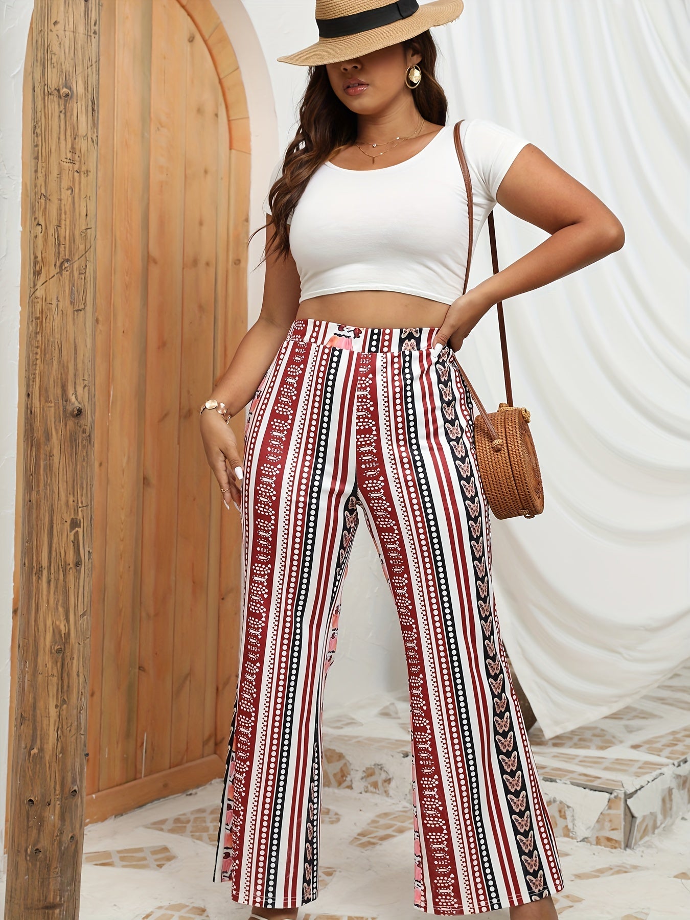  Boho Pants Women's Butterfly & Dot Print Flare Leg Pants