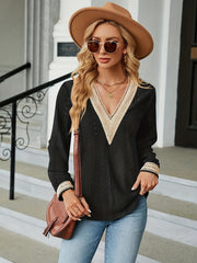  Colorblock Lace Long Sleeve V Neck Top