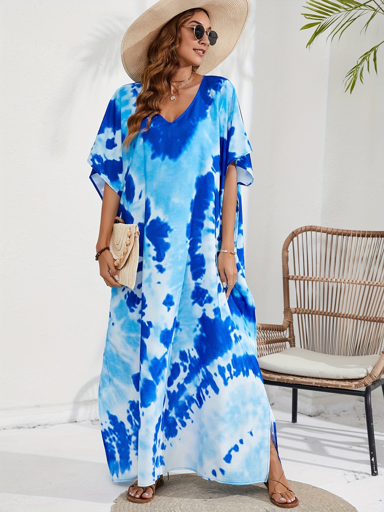  Tie Dye Batwing Sleeve V Neck Maxi Cover Up Dress