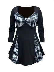  Colorblock Plaid Long Sleeve Top & Leggings Set