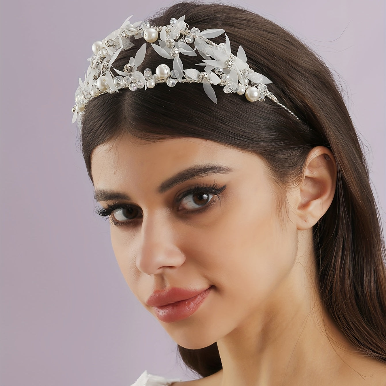 Silky Flower Headband with Faux Pearls Bridal Hair Accessories