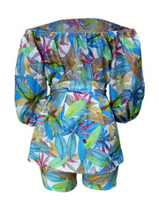  Leaf Print Off Shoulder Top & Shorts Set With Belt