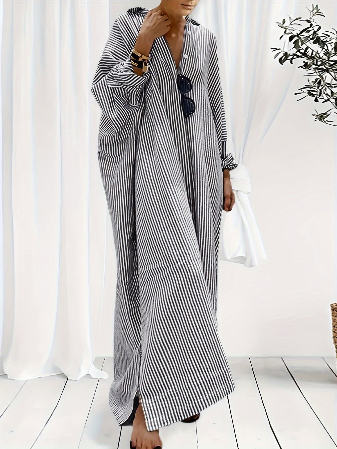  Stripe Print Button Up Long Sleeve Maxi Shirt Dress