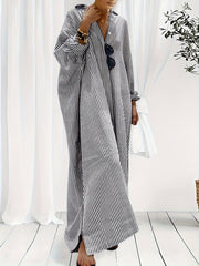  Stripe Print Button Up Long Sleeve Maxi Shirt Dress
