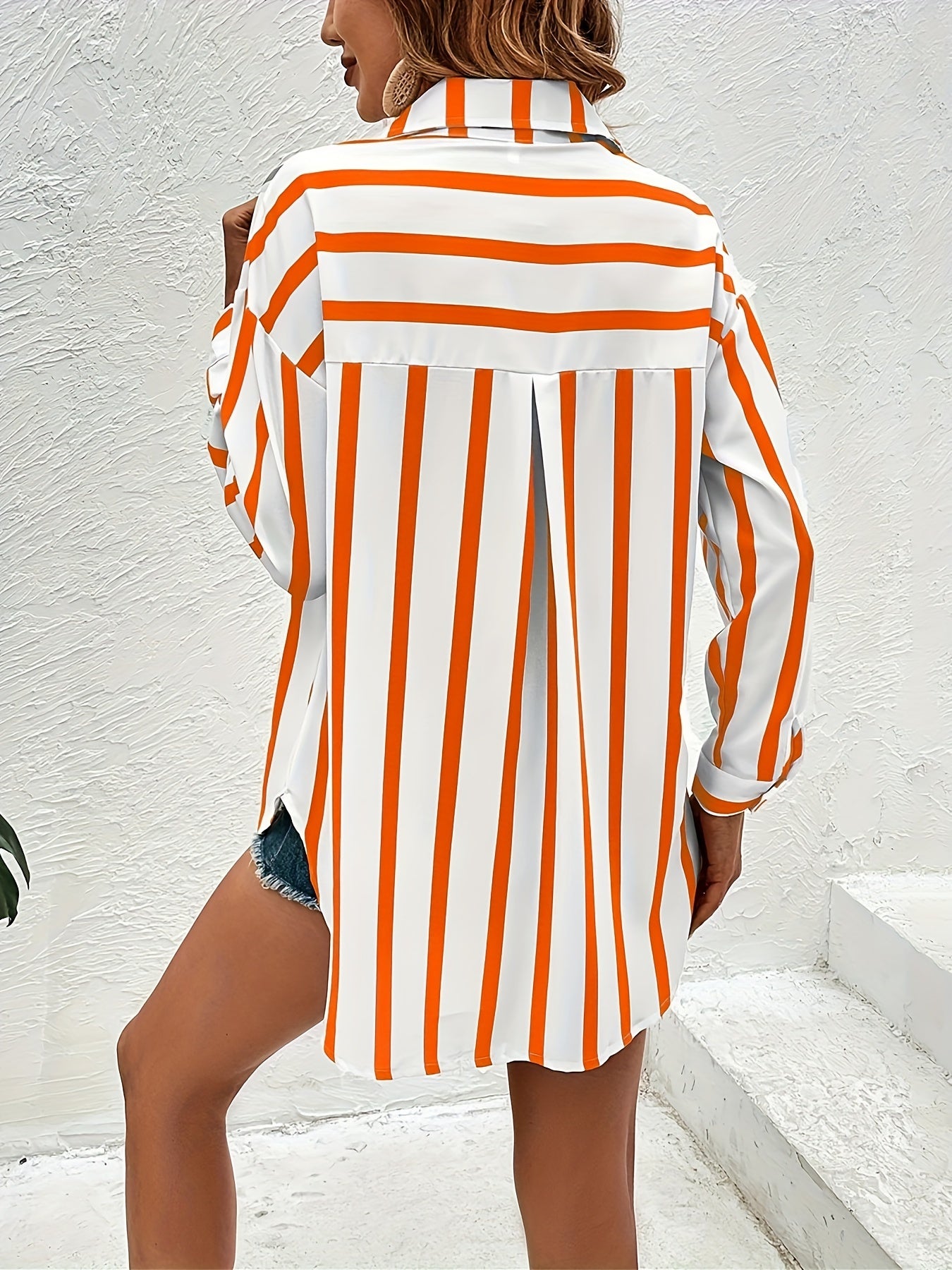  Striped Print Long Sleeve Button Up Shirt Top With Pockets