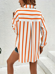  Striped Print Long Sleeve Button Up Shirt Top With Pockets