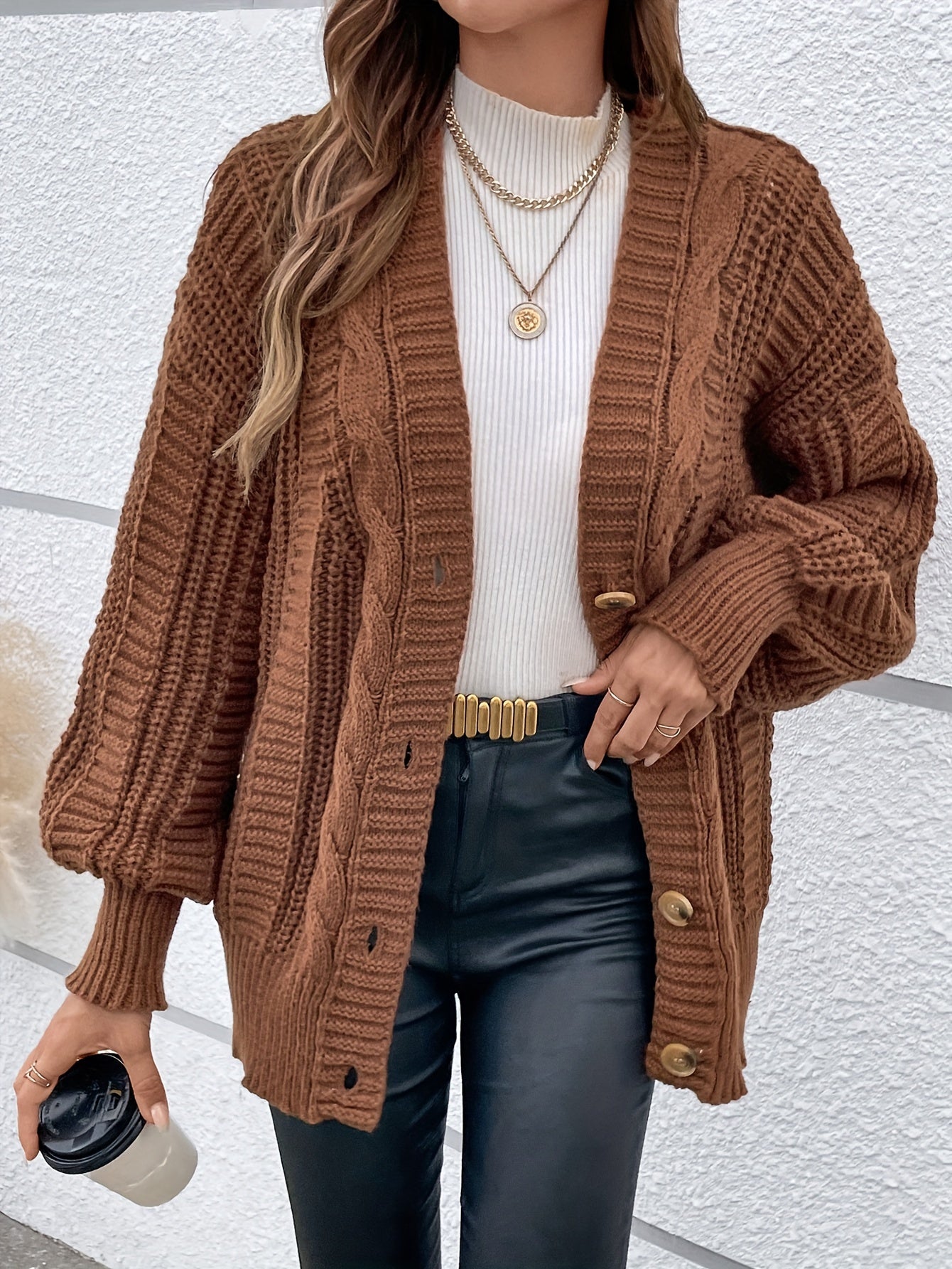  Solid Cable Lantern Sleeve Button Cardigan