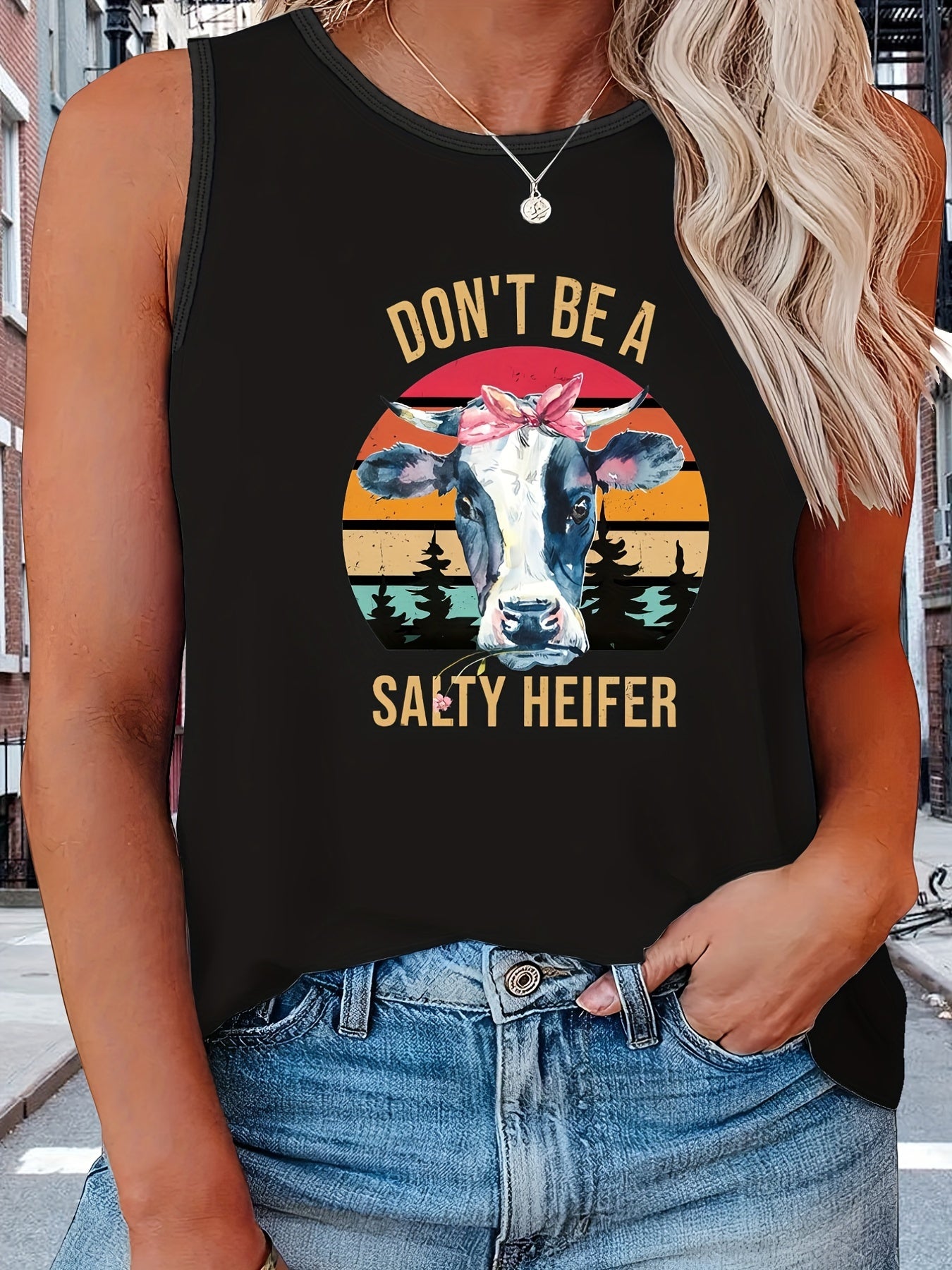  Colorblock Cow & Slogan Print Tank Top