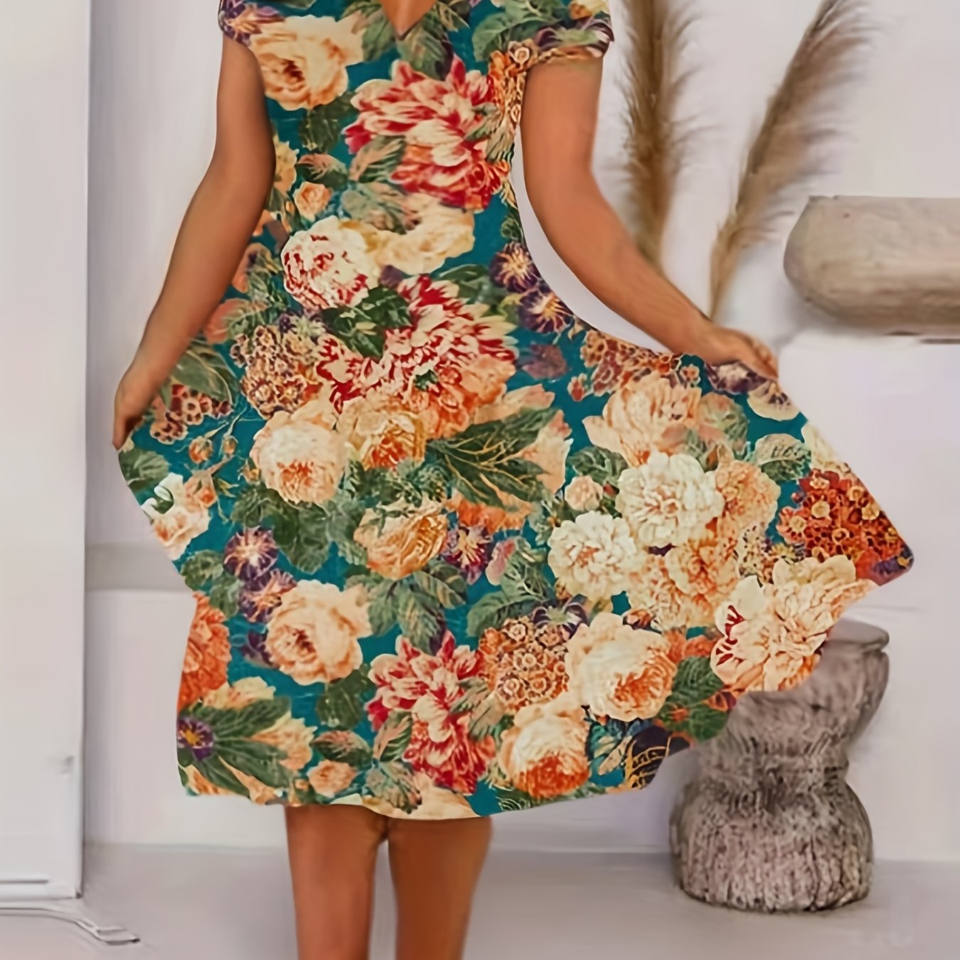  Floral Print V Neck Stretch Dress