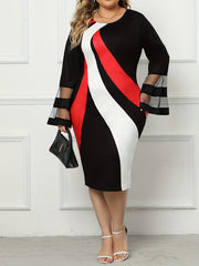  Stripe Print Contrast Mesh Bell Sleeve Bodycon Midi Dress