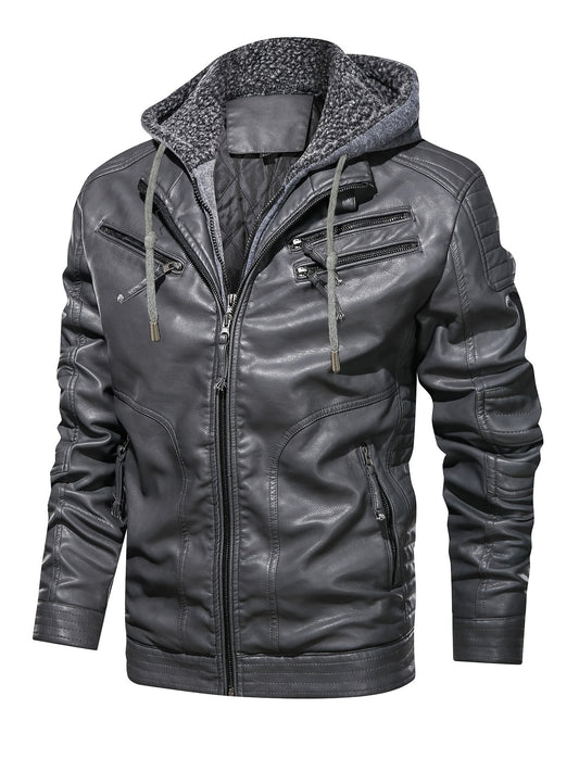 Men's Zipper Hoodie Autumn Winter Solid PU Faux Leather Jacket