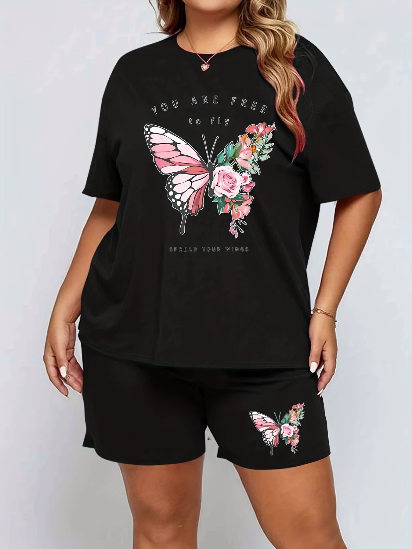  Butterfly Print Short Sleeve Tee & Shorts Pajama Set