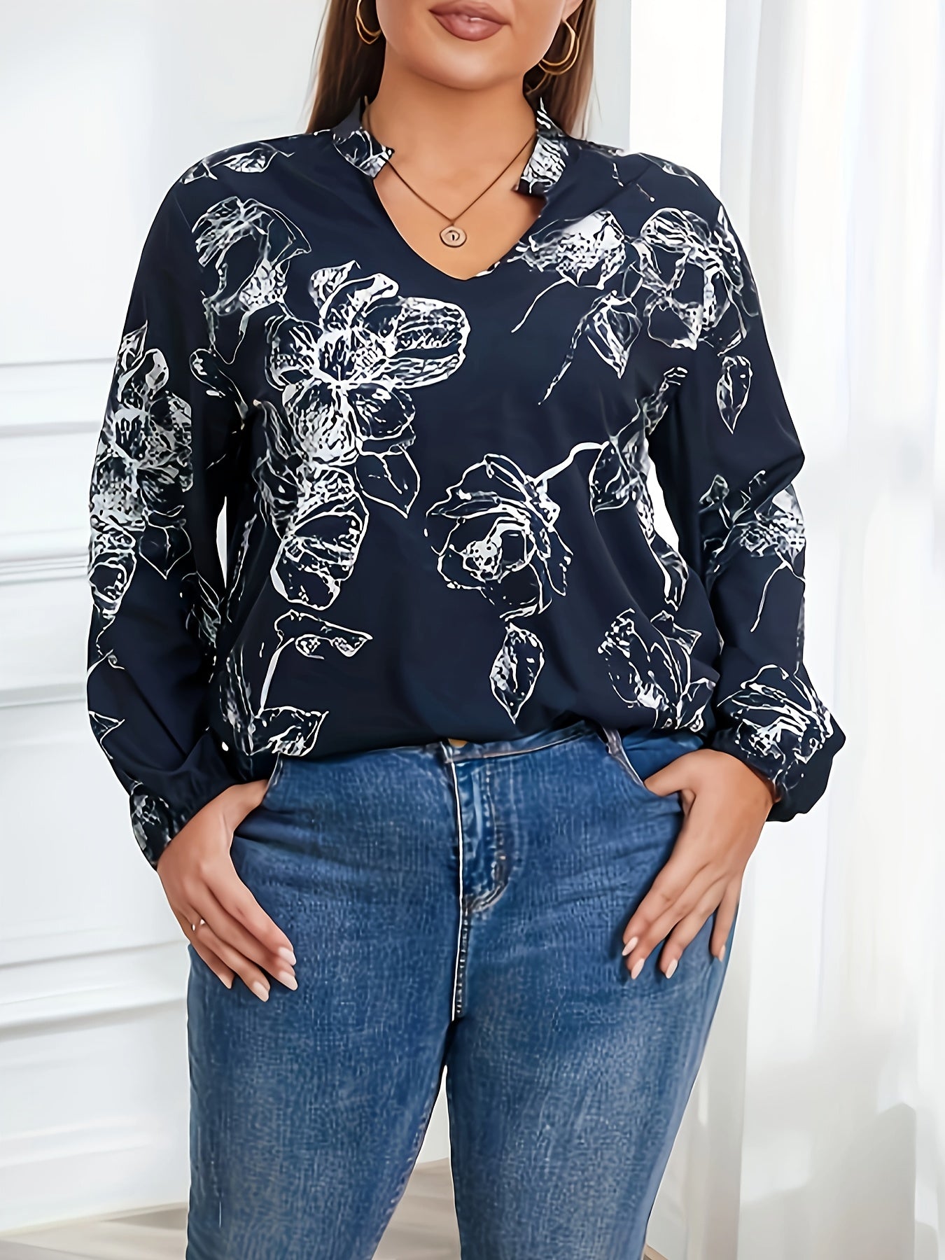  Floral Print Lantern Sleeve Tunic Top