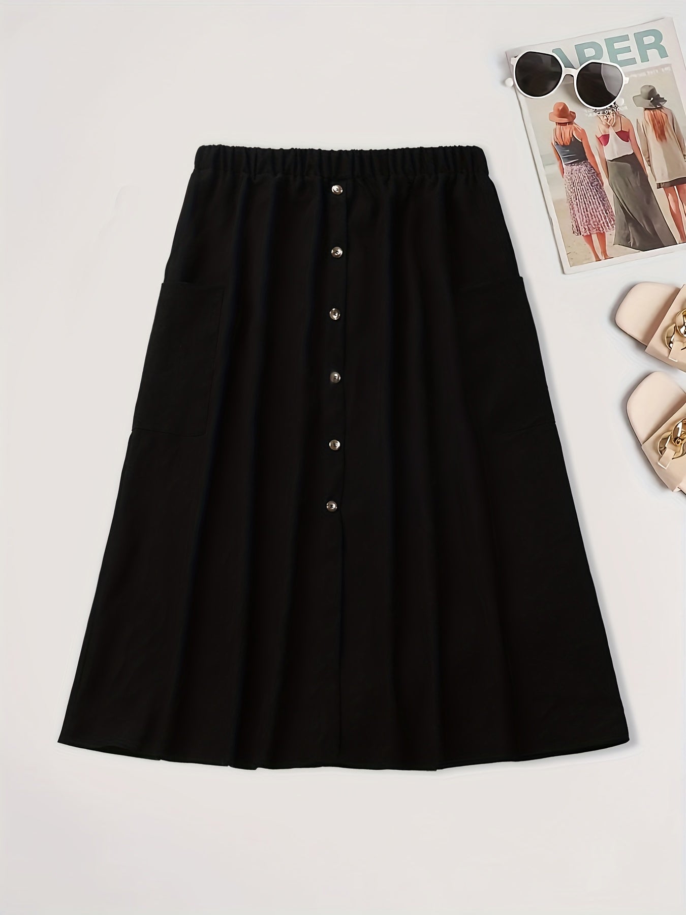  Casual Skirt Women's Plus Solid Button Decor High Rise Maxi Skirt